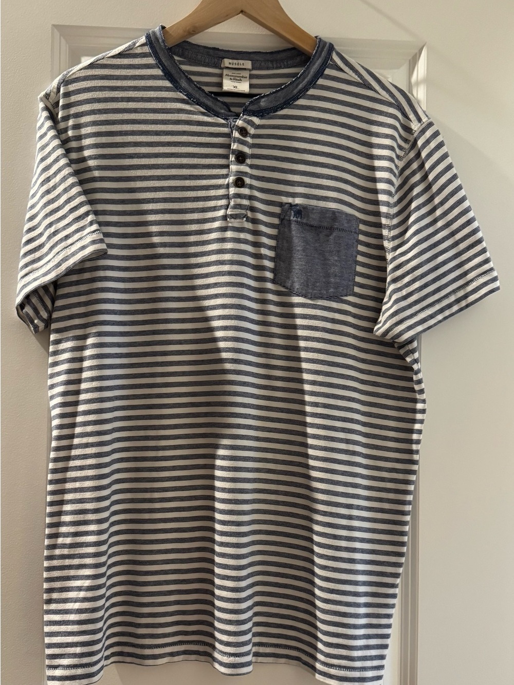 Abercrombie & Fitch Blue and White Striped Henley Pocket Tee